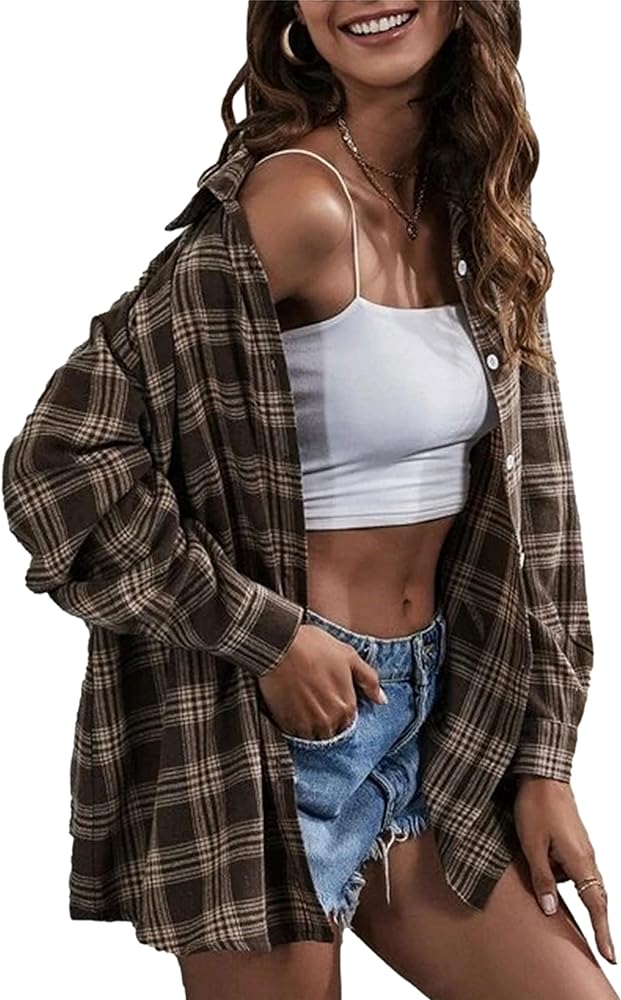 Zontroldy Plaid Flannel Shirts for Women Oversized Long Sleeve Button Down Buffalo Plaid Shirt Blouse Tops