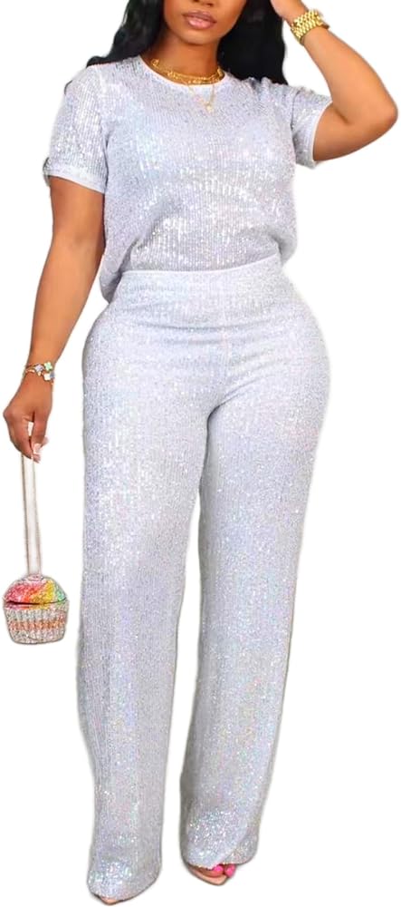 Vaceky Women's Sparkly Sequin T-Shirt & Pants Set Crewneck Short Sleeve Top Straight Leg Baggy Trouser Party Outfits