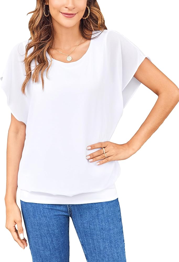 Womens Tops Dressy Casual Business Chiffon Blouses Batwing Short Sleeve Shirts Summer Clothes 2024