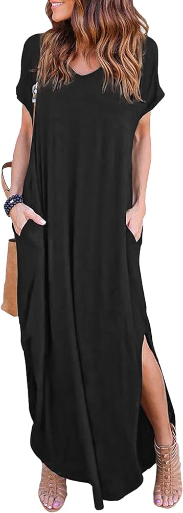 Arolina Women's Summer Maxi Dress Short Sleeve V Neck Casual Loose Long Beach Split Dresses with Pockets