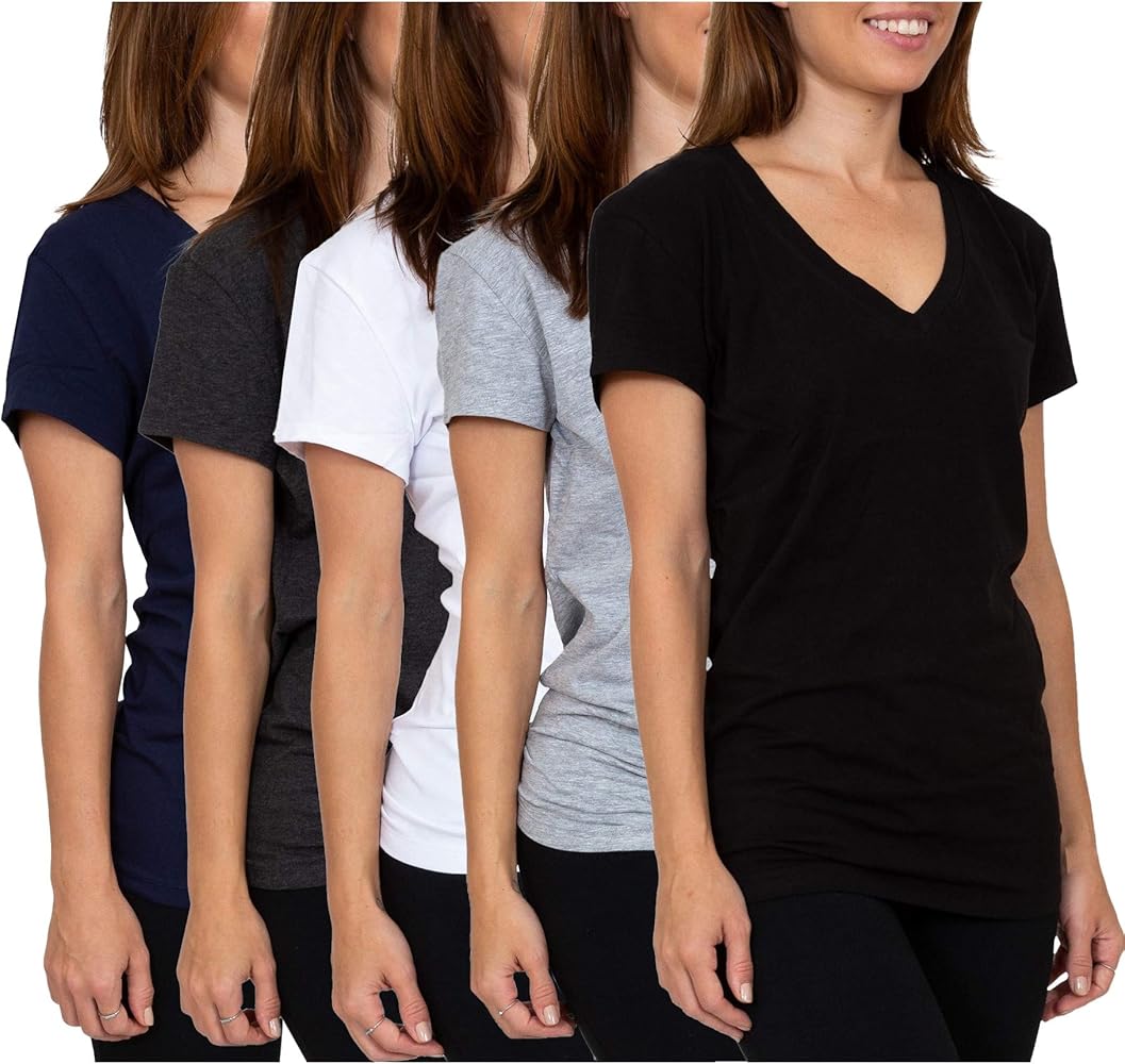 Sexy Basics Women's 5 & 10 Pack Casual & Active Cotton Stretch V Neck Short Sleeve Shirts