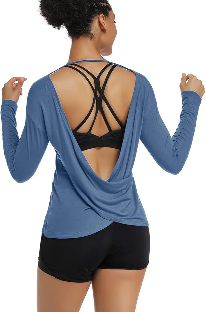 Muzniuer Women's Long Sleeve Workout Shirts Backless Yoga Shirts Cross Back Open Shirt