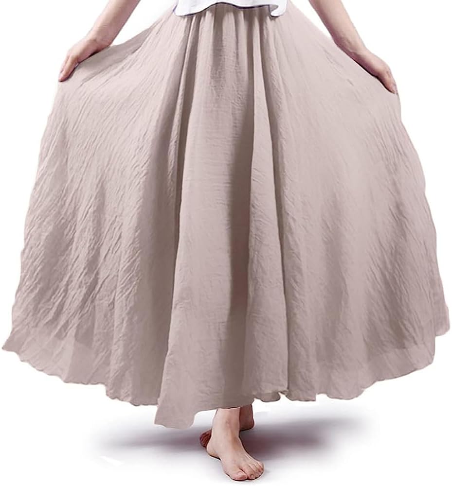 ASHER FASHION Women's Bohemian Style Elastic Waist Band Cotton Linen Long Maxi Skirt Dress