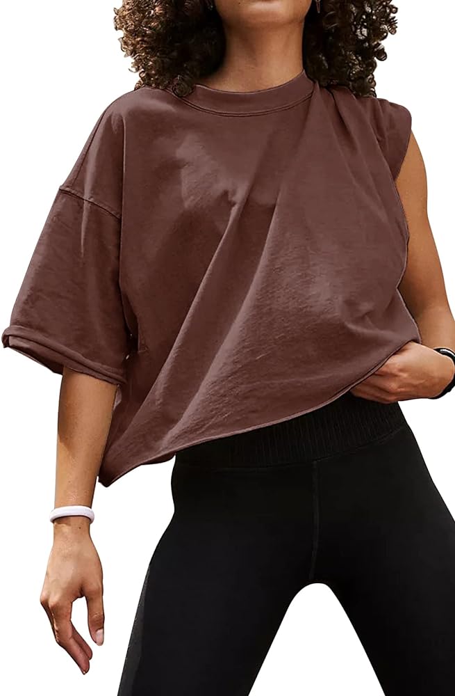 Women's Oversize Workout Crop Tops Casual Short Sleeve Drop Shoulder Boxy T-Shirts Roll Hem Basic Loose Yoga Running Tees