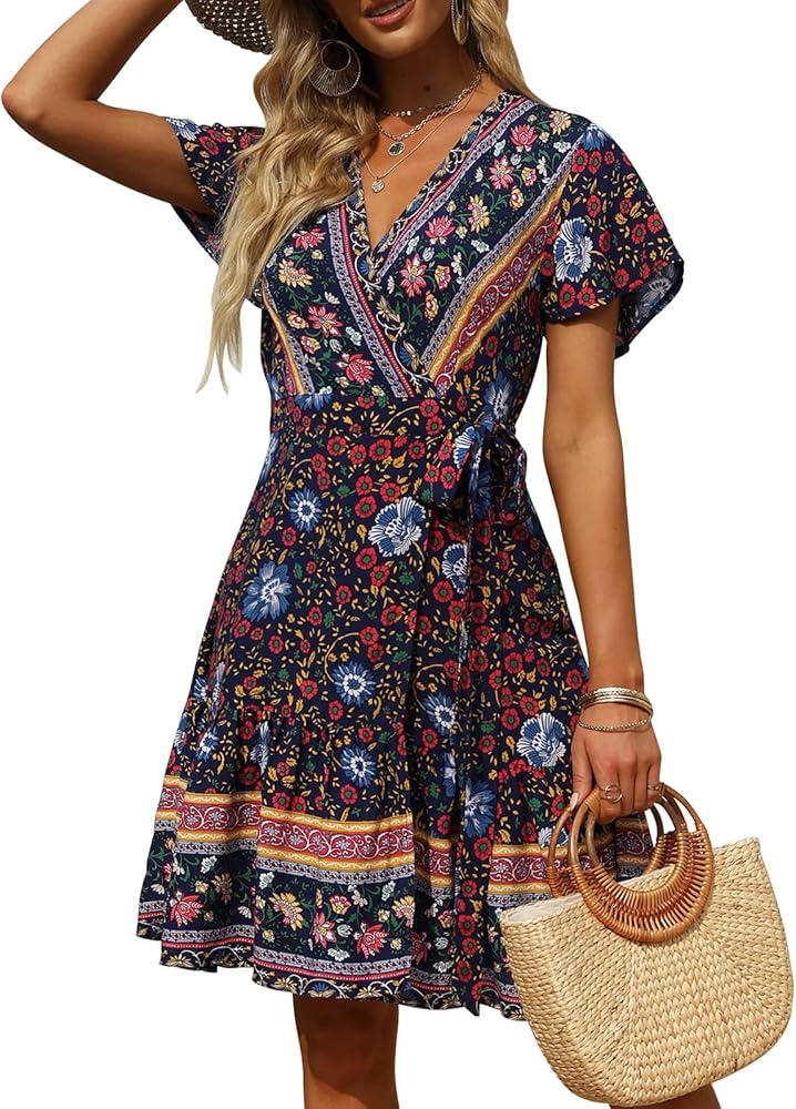 ZESICA Women's 2024 Summer Wrap V Neck Bohemian Floral Print Ruffle Swing A Line Beach Mini Dress