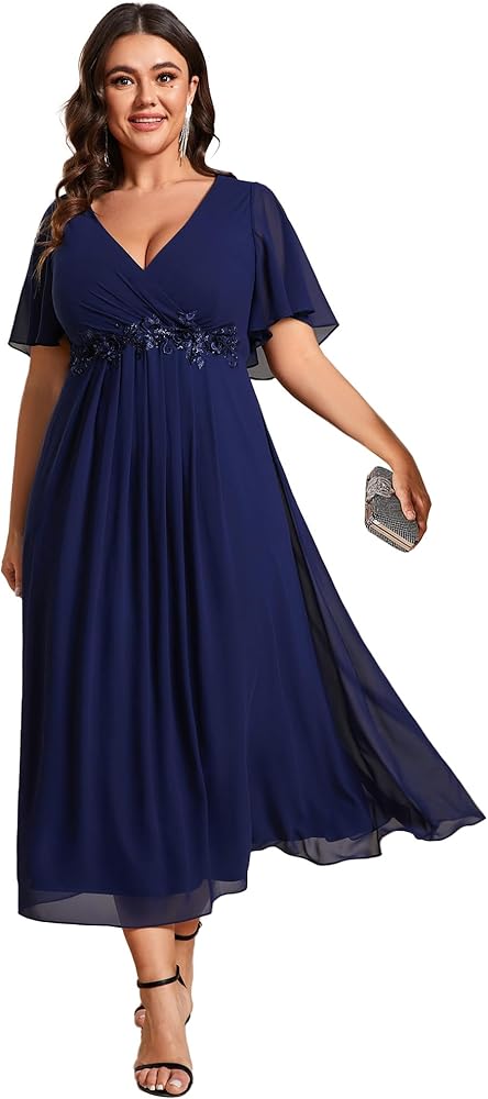 Ever-Pretty Women's V Neck Pleated Plus Size Ruffles Sleeves Tea Length Wedding Guest Dresses 02093