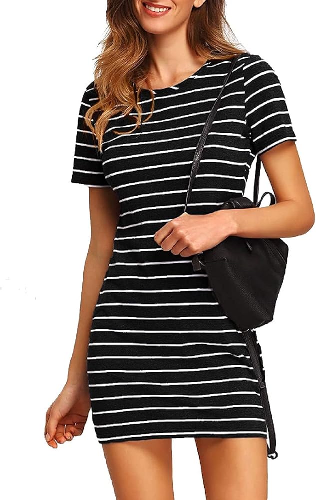 Floerns Women's Casual Short Sleeve Striped Bodycon T Shirt Short Mini Dress