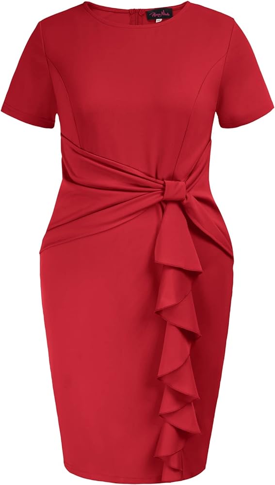 Hanna Nikole Wmens Plus Size Wear to Work Dress 50s Vintage Ruffle Peplum Cocktail Pencil Knee Dress