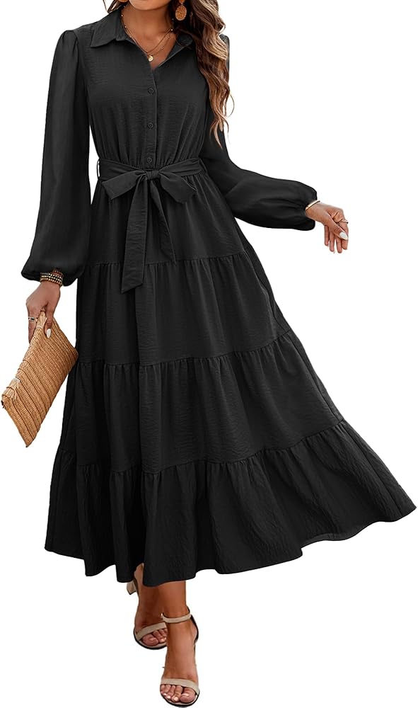 dowerme Women's Fall Dresses 2024 Long Sleeve V Neck Button Down Belted A-Line Flowy Ruffle Maxi Shirt Dress with Pocket