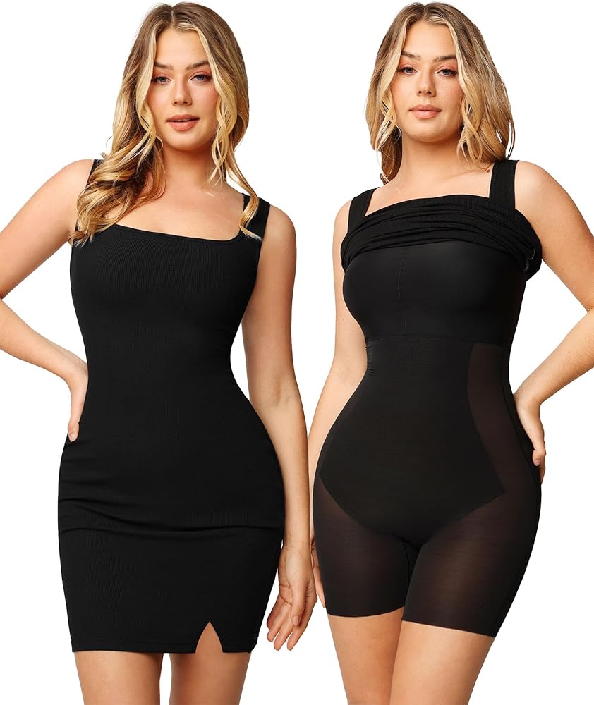 Popilush The Shapewear Dress Mini Slit Built in Shapewear Bra 8 in 1 Square Neck Bodycon Summer Dress for Women 2024