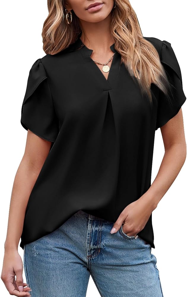 EVALESS Women's Dressy Casual Business Work Chiffon Blouses Tops Summer V Neck Cute Loose Petal Short Sleeve T-Shirts