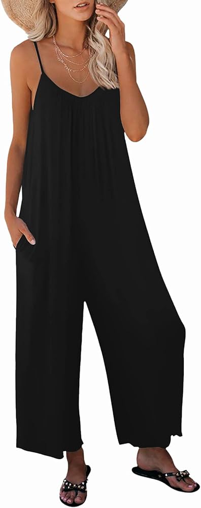 snugwind Womens Casual Sleeveless Strap Loose Adjustable Jumpsuits Stretchy Long Pants Romper with Pockets