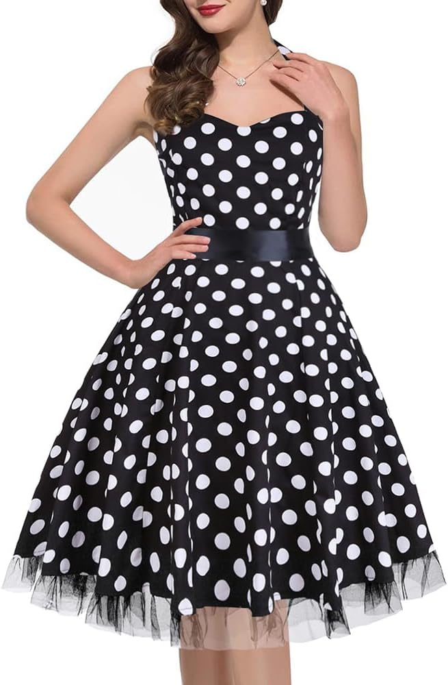 oten Women's Vintage Polka Dot Halter Dress 1950s Floral Spring Retro Rockabilly Cocktail Swing Tea Dresses