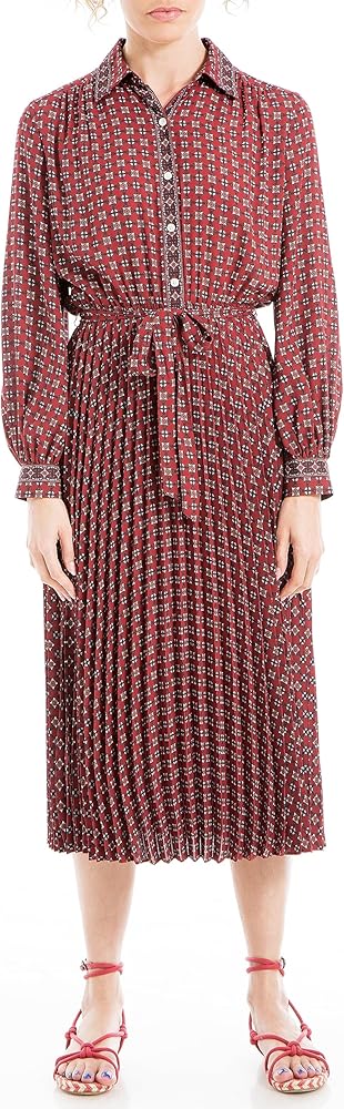 Max Studio Women's Long Sleeve Collared Pleated Dress