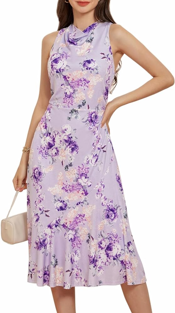 GRACE KARIN Women's Summer Sleeveless Mock Neck Dress Floral Midi Dress Elegant Wedding Guest Dress 2024 Backless Dress