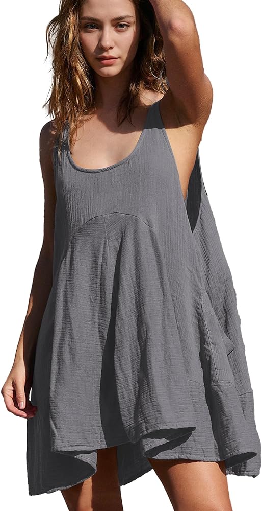 Women Casual Summer Dresses Sleeveless Crew Neck Backless Tunic Mini Dress Loose Flowy Tank Sundress with Pockets