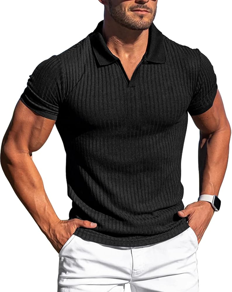 Mens V Neck t Shirts Slim Fit Muscle Polo Shirts for Men Short Sleeve Dry Fit Golf Shirts Casual Stylish Clothes