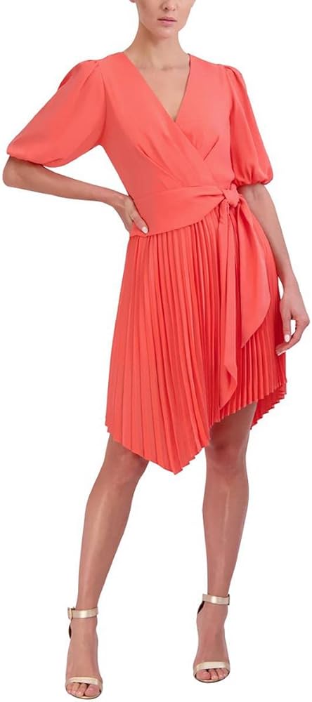 BCBGMAXAZRIA Women's Fit and Flare Short Cocktail Dress Elbow Puff Sleeve Surplice Neck Pleated Skirt Asymmetrical Hem