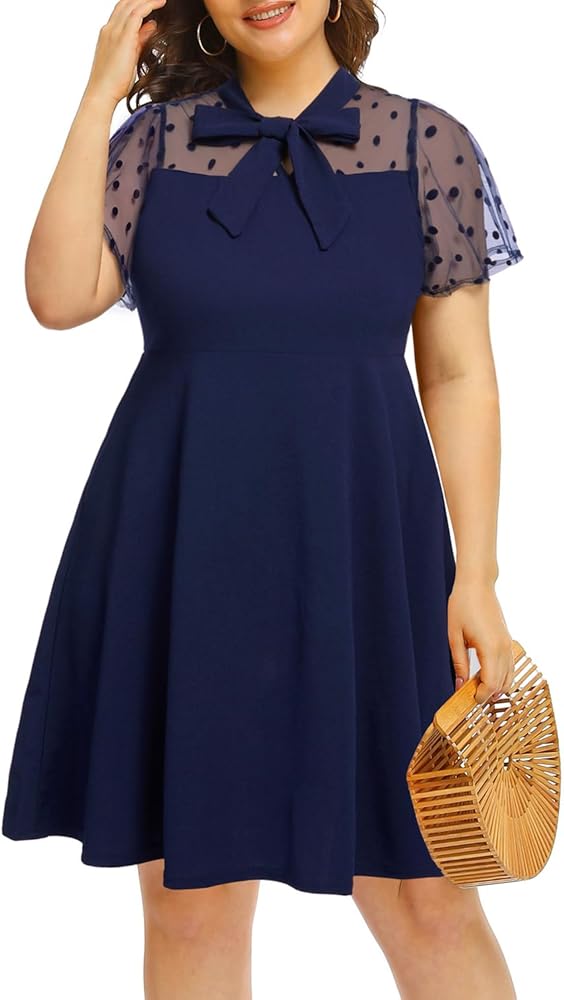 Pinup Fashion Women's Plus Size Contrast Mesh Short Sleeve Bow Tie Neck Cocktail Party Elegant A-Line Dress