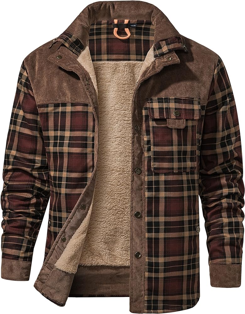 Flygo Men's Outdoor Casual Fleece Sherpa Lined Flannel Plaid Button Down Shirt Jacket