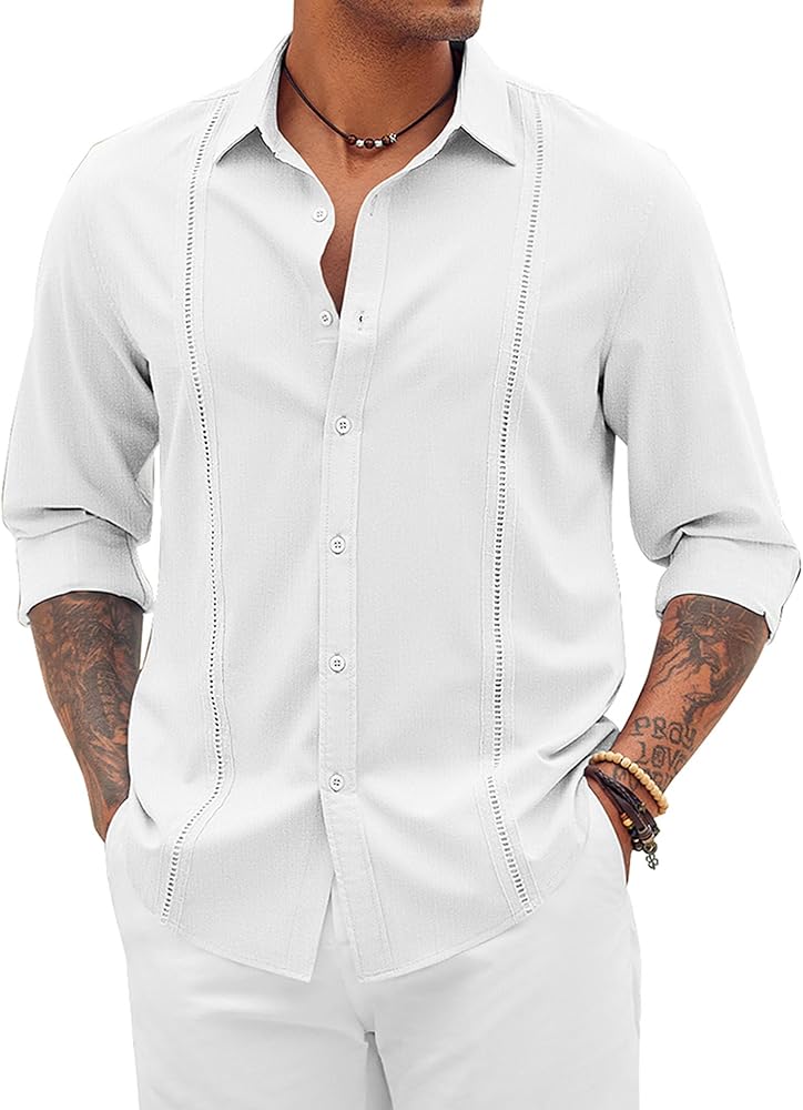 COOFANDY Mens Cuban Guayabera Shirts Button Down Long Sleeve Shirts Casual Beach Shirt