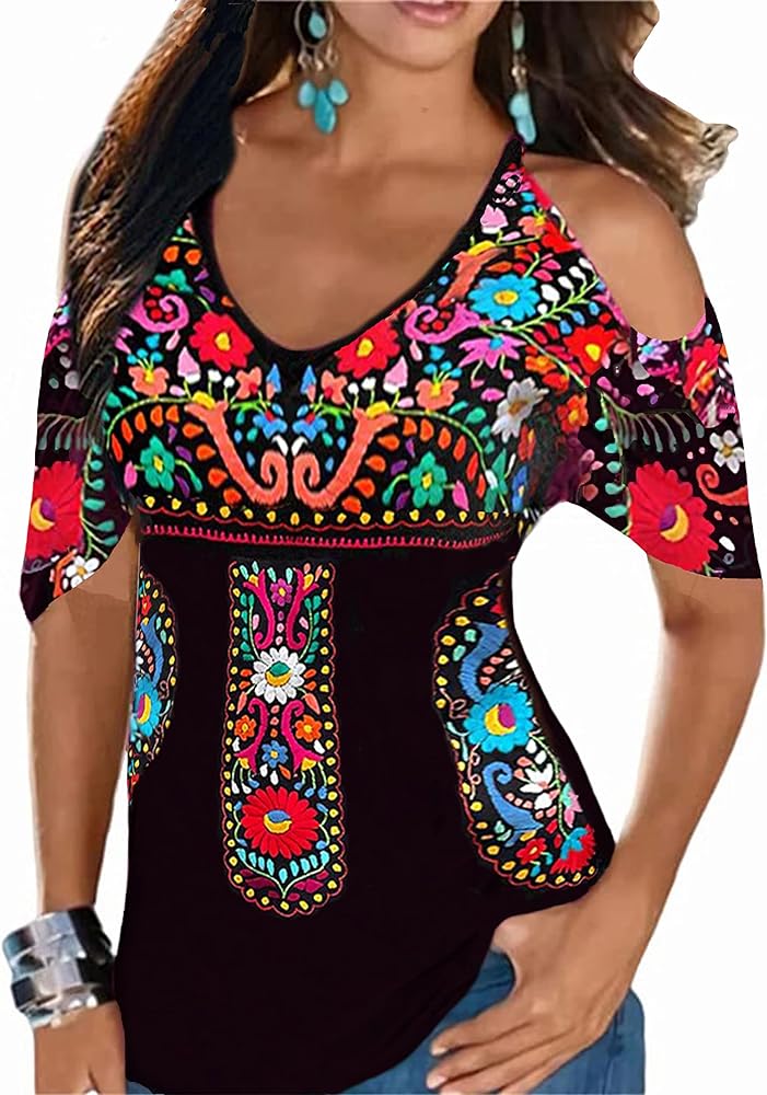 Women Embroidered Cold Shoulder Tops Casual Peasant Blouses Summer Short Sleeve Mexican Shirts