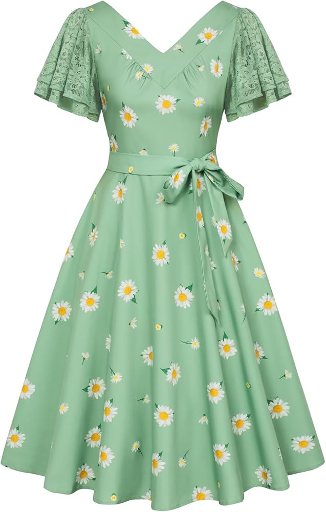 Belle Poque Women's Summer Short Puff Sleeve V-neck A Line Swing Dresses 1950s Vintage Cocktail Party Dress with Belts