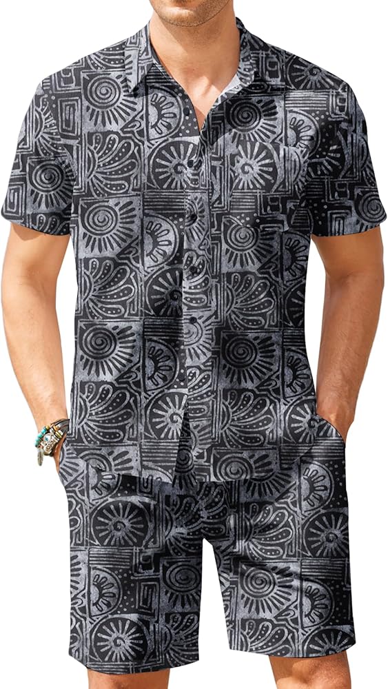 COOFANDY Men's Hawaiian 2 Piece Outfit Floral Matching Summer Beach Shirt and Shorts Sets