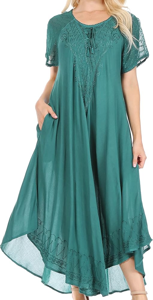 Sakkas Egan Long Embroidered Caftan Dress/Cover Up with Embroidered Cap Sleeves