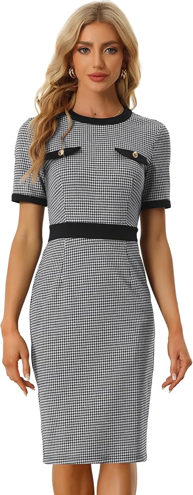 Allegra K Houndstooth Business Dresses for Women's Bodycon Midi Plaid Dress