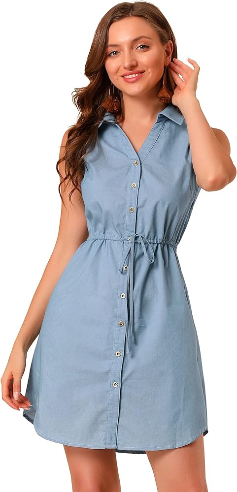 Allegra K Women's Denim Collar Button Down Tie Waist Jean Shirt Dress