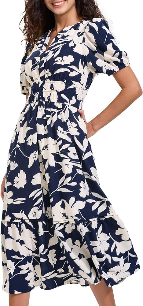 ALLOVIN Womens Flowy Summer Floral Print Dress 2024 Short Sleeve V-Neck A-Line Smocked Ruffle Tiered Midi with Pockets