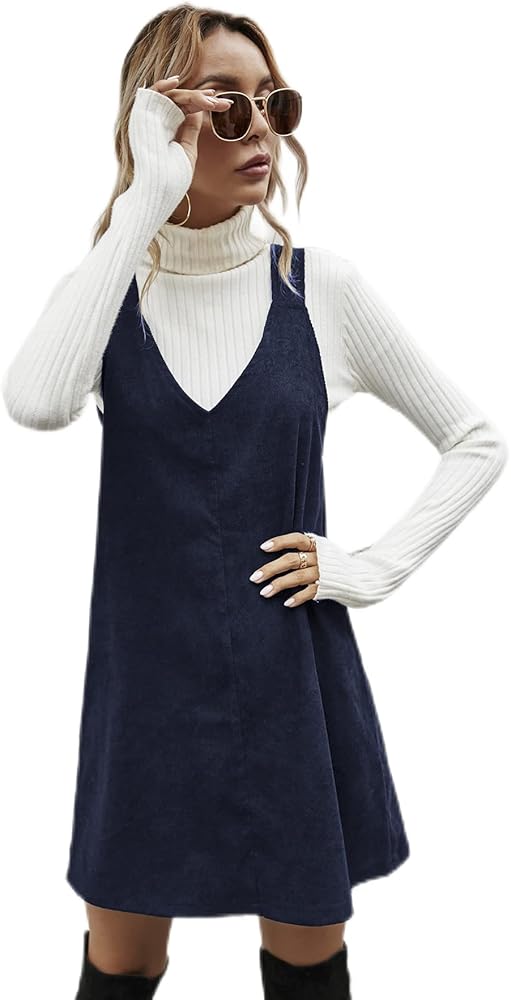 Milumia Women V Neck Corduroy Pinafore Overall Mini Dress Jumper Dress