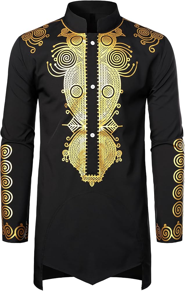 ZEROYAA Men's Traditional African Long Sleeve Dashiki Shiny Pattern Printed Dazzling Shirt