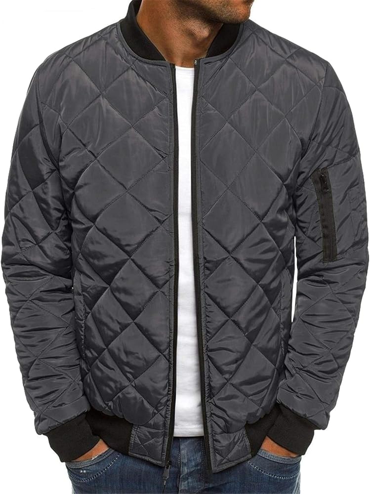 Pretifeel Mens Bomber Jackets Diamond Quilted Fall Winter Rib Varsity Lightweight Coat