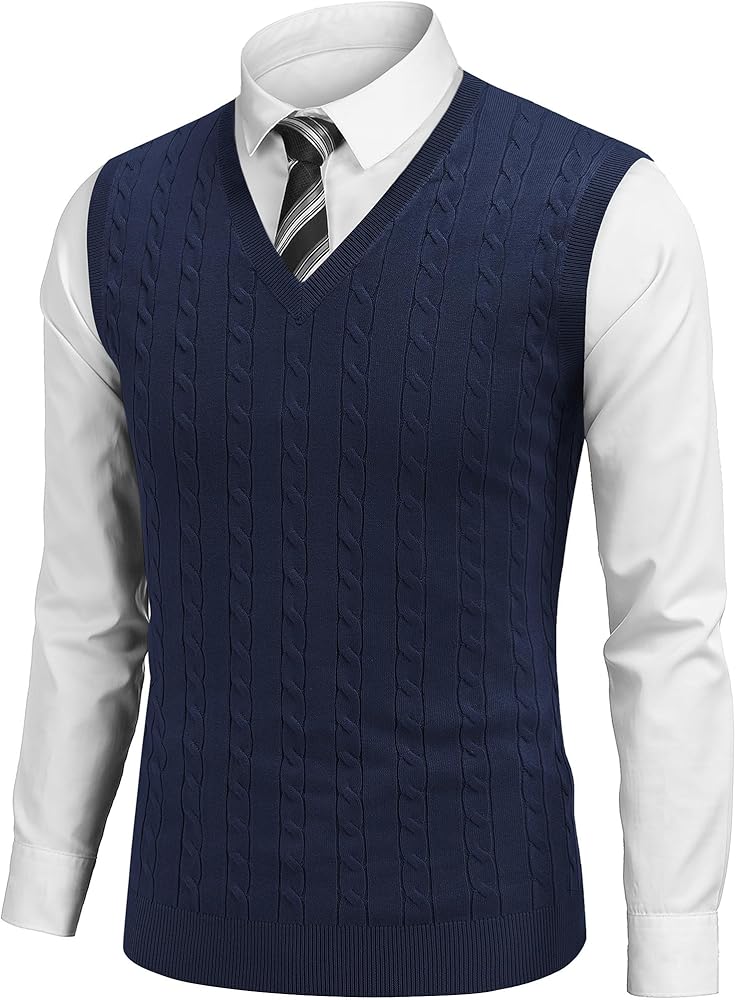 COOFANDY Men's Sweater Vest V Neck Slim Fit Cable Knitted Sleeveless Pullover Sweater