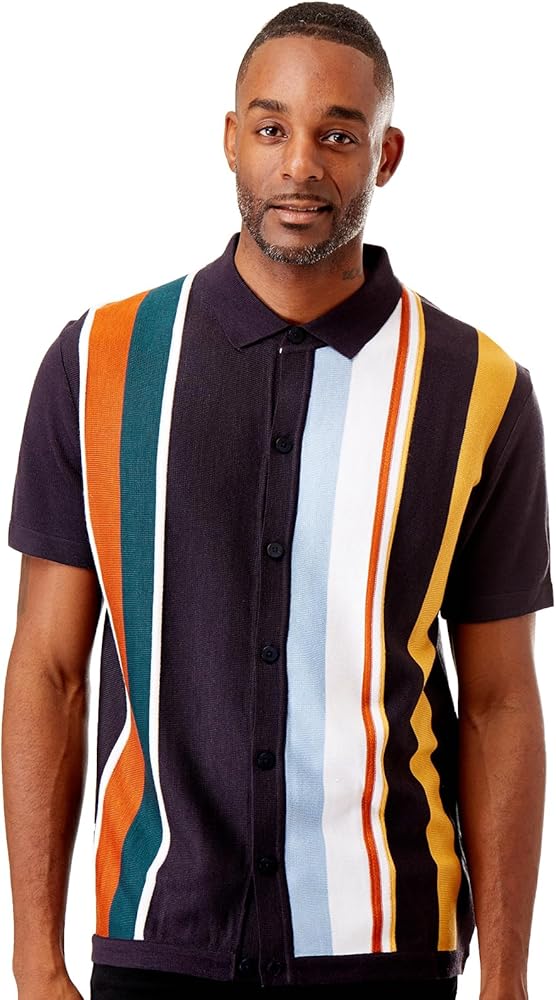 Men’s Short Sleeve Knit Sports Shirt - Modern Polo Vintage Classics: Vertical Stripe Color Block