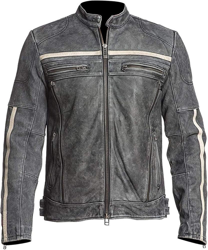 SpazeUp Cafe Racer Jacket Vintage Motorcycle Retro Moto Distressed Leather Jacket