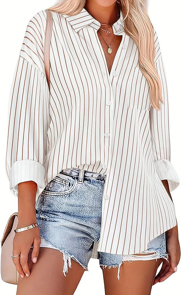 HOTOUCH Button Down Striped Shirts for Women Boyfriend Drop Shoulder Blouse Long Sleeve Oversized Shirt with Pocket