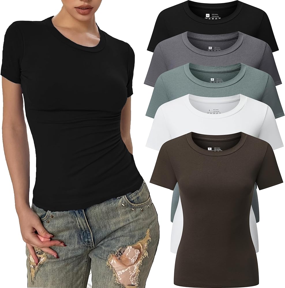 5pcs Women's Ribbed Short Sleeve Slim Fit T Shirt Crew Neck Bodycon Crop Tunics Going Out Tops