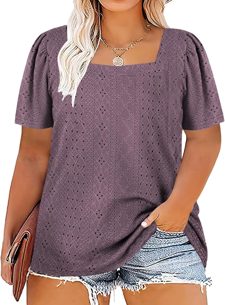 VISLILY Womens-Plus-Size-Summer-Tops Square Neck T Shirts Puff Short Sleeve Blouses Eyelet Tunics XL-5XL