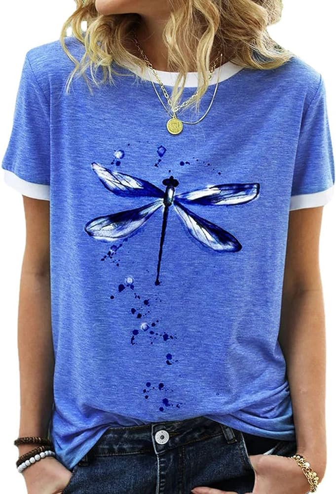 Women's Graphic Tees Casual Summer Funny Dragonfly Printed Short Sleeve Cute T Shirts Tops