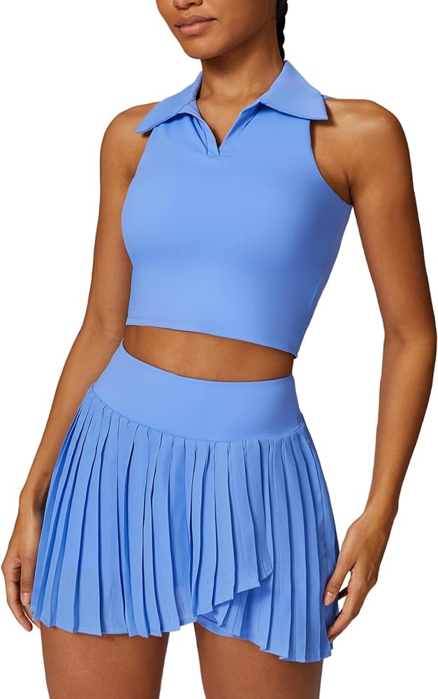 Women 2 Piece Tennis Dresses High Waisted Pleated Skirt Sets Seamless Golf Outfits Sleeveless Racerback Padded Crop Top