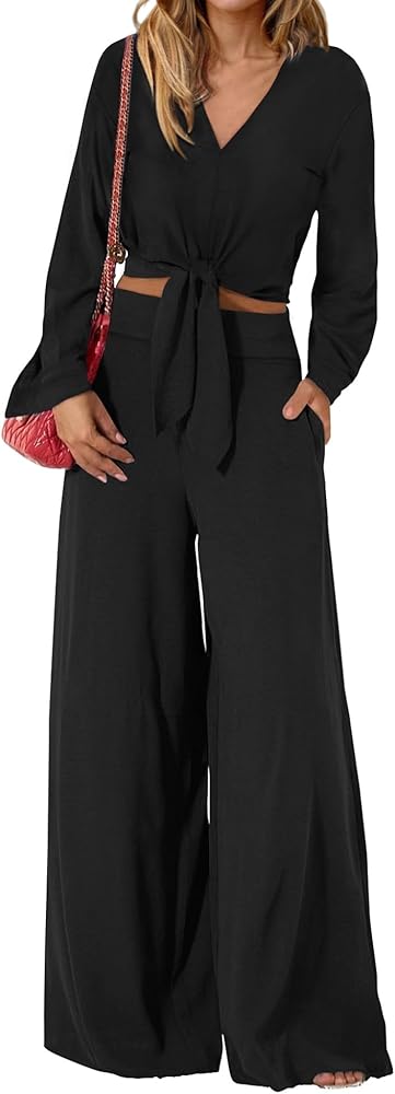 PRETTYGARDEN Women's 2 Piece Outfits 2024 Fall Casual Tracksuits V Neck Long Sleeve Strappy Crop Top Wide Leg Pant Sets