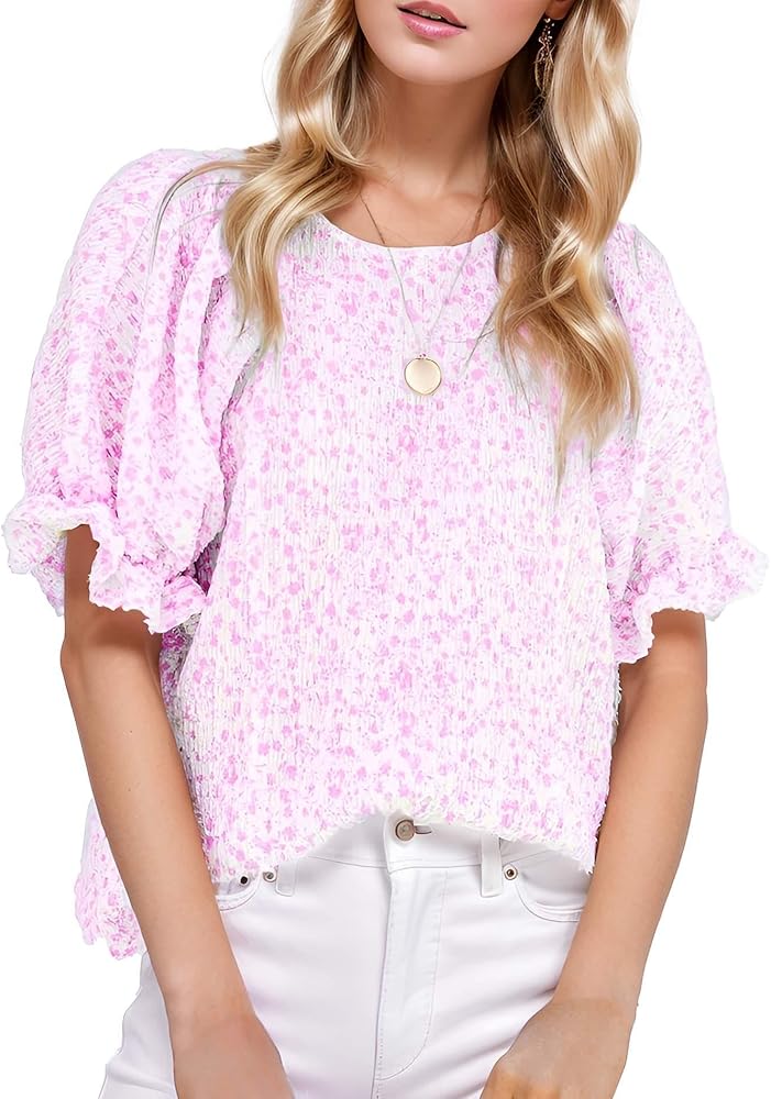 Women Floral Blouses Crewneck Short Puff Sleeve Shirts Casual Loose Fitting Babydoll Summer Tops