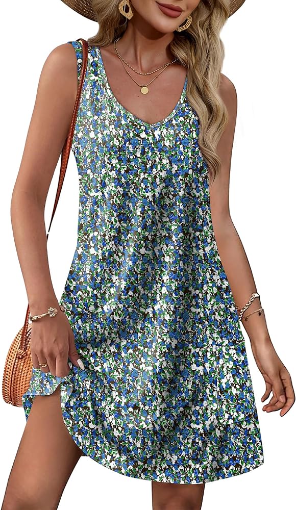 OFEEFAN Womens Summer Dresses 2024 Loose V Neck Sleeveless Sundresses Swimsuit Coverup with Pockets Floral/Plain/Eyelet