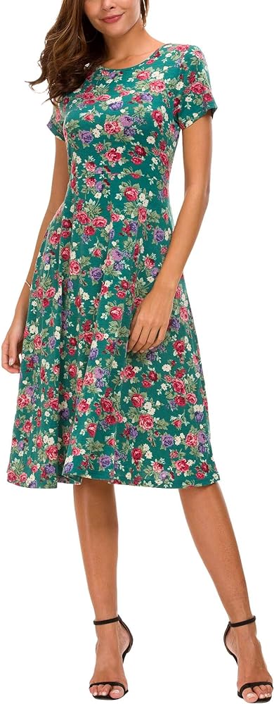 Urban CoCo Women's Floral Print Short Sleeve Flared Midi Dress