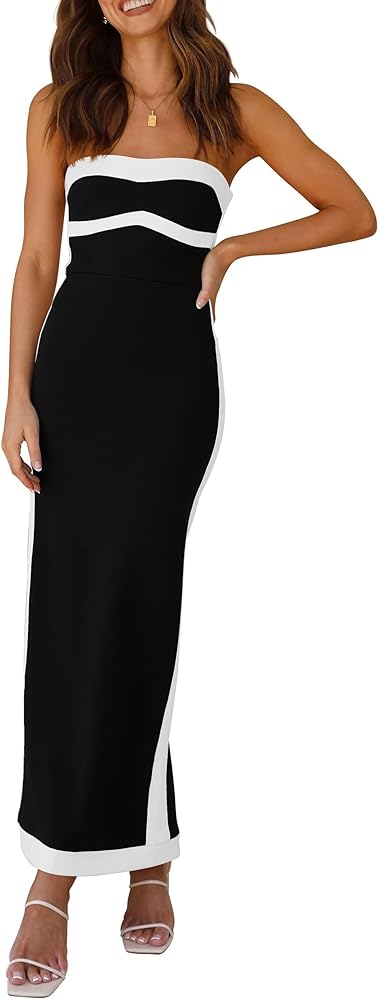 PRETTYGARDEN Women's Summer Long Bodycon Dress Sexy Strapless Back Slit Cocktail Party Tube Maxi Dresses