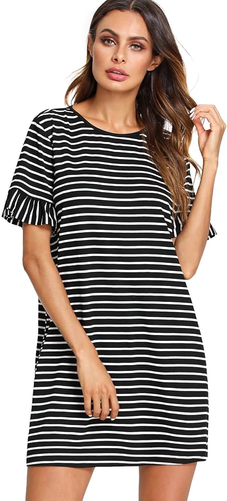 Floerns Women's Summer Casual Ruffle Short Sleeve Tunic Striped T-Shirt Dress