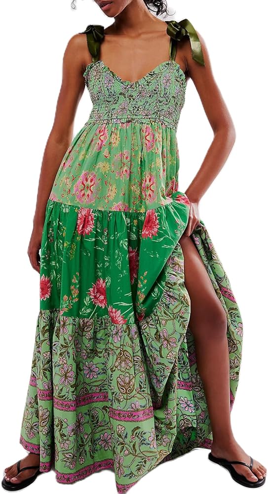 Women Summer Dresses Flowy Smocked Maxi Dress Sleeveless Tie Shoulder Boho Dresses Y2K Floral Beach Sundresses